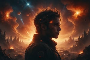 Create an image that shows a person looking 
to camera with his head slightly turned to show his profile. Within the silhouette of her elaborate hairstyle, an intricate sci-fi scene is depicted filled with spaceships locked in battle amid fiery explosions and distant planets against a starry sky backdrop. Use vibrant colors, including warm oranges and reds, to create explosions.