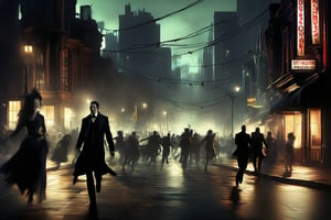 A dimly lit urban street scene at dusk, with only the faint glow of Dolores illuminating the dark atmosphere. A horde of undead zombies, dressed in tuxedos, are running wildly down the sidewalk, their pale faces contorted in a frenzy of undead glee. Panicked pedestrians scramble to get out of the way as the zombies charge by, their suits torn and soiled from their relentless pursuit. The air is thick with tension and fear.