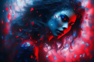 Realistic 16K resolution blue-red tone photography of 1 girl created by colorful dotted particles with a mesmerizing digital or pixelated effect, sitting in dark on icy glass, with shattered glass debris vortexing and floating into shade around her, break, 1 girl, Exquisitely perfect symmetric very gorgeous face, Exquisite delicate crystal clear skin, Detailed beautiful delicate
