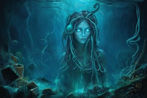 A hauntingly lit underwater lair reveals a grotesque sea-witch, her bulbous eyes glowing like bioluminescent jellyfish. Tentacles writhe from her shoulders like snakes, as she contemplates her next victim amidst the wreckage of sunken ships and coral-encrusted treasure chests. The water's murky veil distorts her features, making her already hideous visage seem even more monstrous.