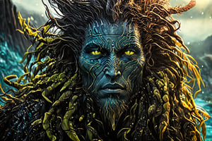 Lo'ak as a reef Na'vi, male, realistic Lo'ak, in the water, wet hair, hissing, turquoise_skin, yellow_eyes, Metkayina, beautiful na'vi, looking-at-viewer, facing_viewer, Ronal, Tsireya, Aonung, skin details, skin pores, realistic_eyes, hyper_realistic, extreme details, HDR, 4k quality, perfect quality, HD quality, movie scene,Read description,ADD MORE DETAIL