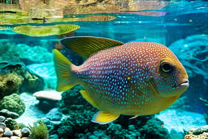 Spectacular photo of a giant puffer fish in a tourist aquarium, the photo takes place on a sunny day where there is a lot of definition and detail, the image is in 4k