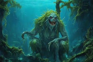 A hauntingly eerie underwater lair, lit by an eerie blue-green glow, reveals a grotesque witch-like creature. The beast's wrinkled, greenish-gray skin appears to be covered in slimy seaweed, with bulging, bloodshot eyes and razor-sharp teeth. Its long, spindly fingers grasp a gnarled, ancient-looking staff, as it crouches amidst a tangle of coral and kelp, the darkness of the ocean floor seeming to amplify its malevolent aura.