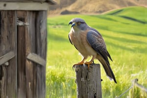 A majestic hawk perches atop a weathered wooden fencepost, its piercing gaze scanning the rolling hills and verdant fields below. The warm sunlight casts a gentle glow on its feathers, accentuating their mottled brown and gray tones. In the background, a rustic barn door creaks slightly in the breeze, adding to the scene's rustic charm.