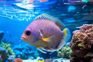 Spectacular photo of a giant puffer fish in a tourist aquarium, the photo takes place on a sunny day where there is a lot of definition and detail, the image is in 4k