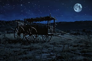 A lone cart, devoid of its former burden, traverses a desolate, moonless night. The cart's wooden slats are eerily adorned with a ghostly outline of skeletal remains, a haunting reminder of the absent oxen that once pulled it. Shadows dance across the barren landscape as the cart moves forward, leaving an unsettling trail in its wake.