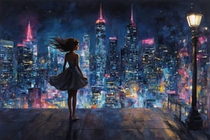 A painting of a bustling cityscape at night, where the lights of skyscrapers and streetlamps create a dazzling display. A young woman stands on a rooftop, looking out over the city with a sense of wonder. Her dress billows in the wind, and her hair is illuminated by the neon lights. The background features a vibrant mix of colors and reflections, capturing the energy and excitement of the urban landscape. The scene is dynamic and electric, capturing the beauty of the city at night.