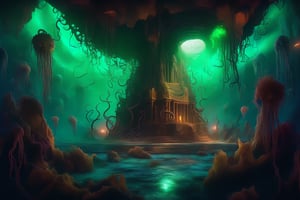 A dark, ominous underwater lair, with ancient ruins covered in coral and seaweed, lit by flickering bioluminescent creatures. In the center, Cthulhu's massive, tentacled head rises from the sand, eyes glowing with malevolent green light, surrounded by a halo of eerie mist.