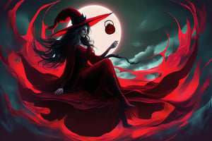 An unsettling masterpiece of top-tier quality, depicting an enigmatic witch seated atop a vibrant, glowing crescent moon. Her 'official' artistry is matched only by the sinister aura surrounding her. The extreme attention to detail showcases her intricate, crimson-hued witch robe and pointed hat, as if conjured from darkness itself. In this surreal realm, evil seeps in with every stroke of brushwork, where blood-red hues bleed into the moon's luminescent crescents.
