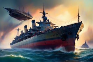 "An imaginative and impressionist depiction of a ripped, tattered, and battle-worn appearance of a large ship, with vibrant, focused brushstrokes capturing every detail. A focused impressionist image where every brushstroke is sharp and clear. Color palette blends muted, earthy tones with vibrant accents, enhancing the depth and atmosphere of the scene. Every detail in the image in sharp focus. Distinct forms and shapes in the background should suggest a military flying drone."