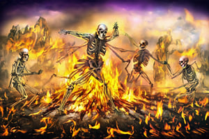 Mob of skeletons dancing around a bonfire in the night,LegendDarkFantasy,APEX colourful 