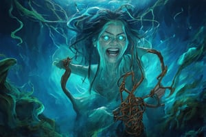 A hauntingly lit underwater scene: a grotesque, repulsive witch emerges from the dark depths of the ocean, her bulbous eyes glowing like bioluminescent orbs amidst swirling seaweed. Her warty skin glistens with oily sheen as she cackles maniacally, her twisted fingers grasping a rusted fishing net. The dim blue light of the ocean's twilight casts long shadows behind her, making her monstrous form seem even more ominous.