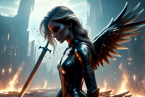 (high budget Hollywood film:1.2),(cinematic film still portrait of ) best quality, masterpiece, A beautiful (aderekangel:1.3), perfect body, bubble ass, long legs, her back to the viewer, walks along a blood-soaked road, one angel wing,(dragging a big sword:1.3) that leaves a trail of crimson in its wake. (The ground is littered with the bodies of fallen monsters:1.2), creating a macabre scene of chaos and destruction. Each step she takes is marked by bloody footprints, leading deeper into the darkness. The impressionist painting style captures the eerie beauty of the scene, with the interplay of light and shadow heightening the sense of horror and desolation.reflections on sword, blood rain, after battle, foggy, gloomy, dark fantasy, crimson color guide, despair, melancholy, mourn, from behind, main focus on girl, (close-up, zoomed:1.03), strong perspective, vanishing point, artistic,  digital artwork by Beksinski ,inkpunk three colors only