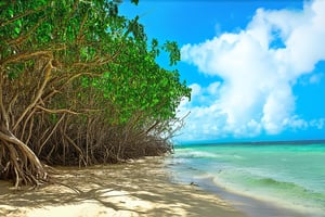 A majestic mangrove forest sprawls along the vibrant coastline of the Maya Riviera, with towering trunks and twisted roots tangled in a tapestry of emerald green. The warm sunlight filters through the dense foliage, casting dappled shadows on the sandy beach below, where a few wispy clouds drift lazily across the cerulean sky.