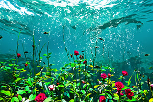 A surreal seascape: towering rose bushes erupt from the ocean's surface, their velvety petals swaying gently in the salty breeze. The camera frames the scene from directly above, showcasing the lush greenery and vibrant blooms amidst the turquoise waters. Soft sunlight filters through the waves, casting a warm glow on the underwater garden. A school of fish dart between the stems, as if exploring this bizarre yet alluring environment.