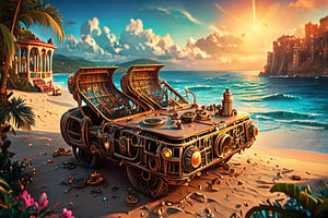 MAGICAL cute STORYBOOK tropical bay , shabby STYLE lovely terrace on the beach, view on the tropical bay , summer  Modifiers: highly detailed dof trending on cgsociety steampunk fantastic view ultra detailed 4K 3D whimsical Storybook beautifully lit etheral highly intricate stunning color depth disorderly outstanding cute illustration cuteaesthetic Boris Vallejo style shadow play The mood is Mysterious and Spellbinding, with a sense of otherworldliness  otherwordliness macro photography style LEONARDO DIFFUSION XL STYLE vintage-futuristic