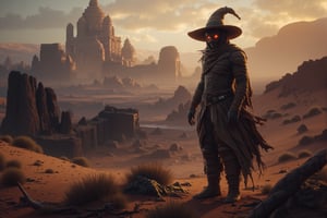 8K UHD realistic fantasy image, a masked bounty hunter stands amidst a mystical desert landscape. The hunter wears a mummy-like bandaged outfit, with a witch's hat perched atop their head. The mask is intricately detailed, with glowing eyes and a menacing expression. The mummy's bandages are weathered and tattered, revealing glimpses of the bounty hunter's skin beneath. The witch's hat adds an element of magic and mystery to the character. The scene is bathed in a warm, golden light, with sand dunes and ancient ruins in the background, creating a sense of adventure and danger.