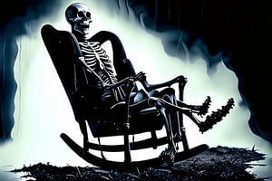 Mythical and gloomy scene of a skeleton which has already sat in a chair or rocking chair that is already covered by fabric, it damages you and dust, the skeleton itself has been there posing in that rocking chair for hundreds of years