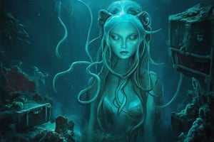 A hauntingly lit underwater lair reveals a grotesque sea-witch, her bulbous eyes glowing like bioluminescent jellyfish. Tentacles writhe from her shoulders like snakes, as she contemplates her next victim amidst the wreckage of sunken ships and coral-encrusted treasure chests. The water's murky veil distorts her features, making her already hideous visage seem even more monstrous.