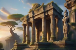 A majestic temple stands amidst crumbling ruins, its intricate stone carvings worn by time's relentless passage. Weathered columns rise like skeletal fingers towards a desolate sky, while vines and moss reclaim the once-proud structure. Ancient artifacts lie scattered, a testament to a long-lost culture, as the golden light of sunset casts a warm glow on the timeless scene.