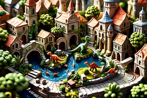 An illustration of a micro-world in a Delicate and realistic style. DA fantasy world depicting a bustling medieval Greek city where dinosaurs are pets that blend into the streetscape and live with the people.

The scene is a miniature artwork, resembling Pocket art that began as a game played by the German court nobility in the 16th century, and later spread from Holland to England, where it flourished and then spread to the United States and Canada.

Lively and bright atmosphere, detailed interactive scenes
(micro-world)(Dinosaur as pet)(Empire)(Pocket art)