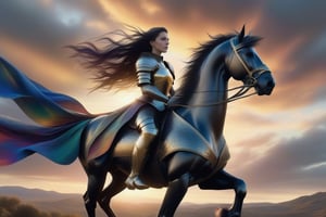 In a majestic, high-concept scene, a medieval herald woman in dark armor rides a horse against a dramatic, triadic-colored sky. Her dark hair flows wildly, punctuated by punk-inspired spikes, as her gaze meets the camera's. The frame is divided into perfect golden ratio proportions, with the subject positioned at the apex. Soft natural lighting casts subtle shadows, while volumetric lighting adds depth and dimensionality. Every detail, from the intricate armor plating to the woman's smooth skin, is rendered in hyper-realistic 8K detail, as if painted by Caravaggio or Greg Rutkowski. The overall effect is a masterpiece of cinematic concept art, perfect for trending on ArtStation and CGSociety.