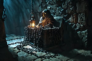 Darkness envelops the ancient tomb, eerie lantern light flickering on stone walls as a decrepit mummy lies bound by rusty chains, its wrappings tattered and worn, amidst the musty air and damp shadows of the dungeon's depths.