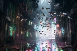 In a dimly lit alleyway, a swarm of fluorescent mutant mosquitoes hover in unison, their iridescent wings glowing like neon signs as they stalk their prey. The air is heavy with humidity and the scent of decay. Victims cower in the shadows, unaware of the impending attack as the mosquitoes swoop in, their razor-sharp proboscises gleaming with an otherworldly light.