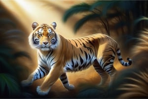 A majestic tiger emerges from the thick vegetation of an African savanna, its tawny fur blending with the golden grasses and leaves. Framed by a natural clearing, the big cat's piercing gaze is illuminated by warm sunlight filtering through the dense foliage, highlighting its powerful physique as it pads confidently across the sun-drenched landscape.