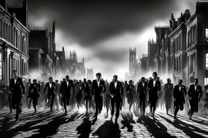 Horde of zombies dressed in tuxedos are running in the street scaring people, on the street you can see the night illuminated Only by Dolores, very gloomy and dark