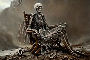 Imágenes Realismo Mythical and gloomy scene of a skeleton which has already sat in a chair or rocking chair that is already covered by fabric, it damages you and dust, the skeleton itself has been there posing in that rocking chair for hundreds of years