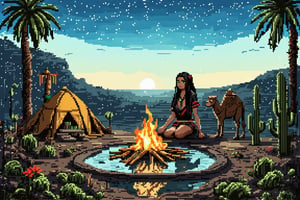 Pixel art scene of a vast desert oasis at dusk. A young nomad girl with long black hair and striking green eyes sits by a small campfire. Her traditional robes flow in earthy tones. Palm trees and a small pool reflect the setting sun. The girl's tent is nearby, made of weathered fabric. A camel rests in the background. The sky transitions from deep blue to orange, with pixelated stars appearing. Cacti and desert flowers dot the landscape.,pixelartsd3