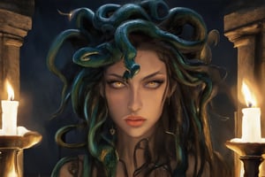 Medusa, a serpent-haired mythological creature, stares defiantly from the shadows. Framed by ancient ruins, her gaze pierces through the darkness, illuminated only by the faint light of flickering torches. Her expression is one of fierce determination, her eyes burning with an inner fire. The camera's low angle emphasizes her towering presence, as if she rises from the very stones themselves.