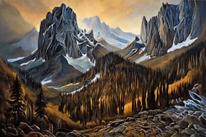 Craft an evocative portrayal of a majestic mountain vista employing the alcohol painting technique in fine art oil painting. The composition should immerse viewers in a close-up encounter with the rugged terrain, suffused with surreal elements and devoid of any framing. Title the piece "To be, or not to be: that is the question." Embrace the visionary spirit reminiscent of Remedios Varo, infusing the landscape with imaginative and dreamlike qualities.