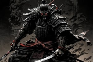 Score 9, Source Manga, (2 page manga) (Japanese samurai in Japanese armour engaged in slashing combat in the dark), Excellent image quality, Exquisite detail, Charcoal drawing, Charcoal, Popular Japanese action manga, Ink painting, Holding a sword, Swinging a sword down, Black aura, Glowing eyes, Demon mask, Cold air coming from mouth