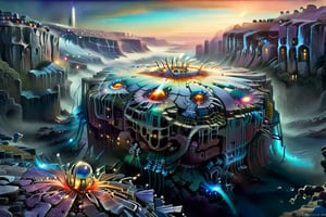 In the heart of a cyberpunk village, faerie houses perch precariously on the face of a steep cliff wall, their delicate details and vibrant hues contrasting with the stark, industrial landscape. A gentle stream winds its way through the canyon below, reflecting the galaxy's twinkling lights in its calm surface. The night sky above is ablaze with stars and nebulae, set against a deep blue that seems to pulse with energy. With strict attention to rule of thirds, the composition guides the viewer's eye to hidden details within the bustling village, where robotic inhabitants go about their daily lives amidst ancient ruins and towering mechs.