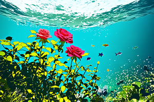 A surreal seascape: towering rose bushes erupt from the ocean's surface, their velvety petals swaying gently in the salty breeze. The camera frames the scene from directly above, showcasing the lush greenery and vibrant blooms amidst the turquoise waters. Soft sunlight filters through the waves, casting a warm glow on the underwater garden. A school of fish dart between the stems, as if exploring this bizarre yet alluring environment.