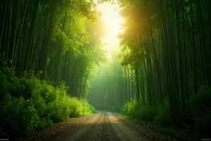 a lush bamboo forest, serene bamboo trees, detailed bamboo stalks and leaves, natural sunlight filtering through the bamboo, peaceful forest atmosphere, tranquil landscape, high quality, 8k, photorealistic, professional photography, vivid colors, warm lighting, cinematic composition, beautiful natural scenery