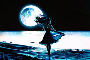 (Beautiful double exposure combining the silhouette of the maiden and the moonlit shore, the moonlit shore acts as a background and its details are incorporated into the maiden, crisp lines, the background is monochrome, sharp focus, double exposure, great full color), detailed textures, high quality, high resolution, high precision, realism, color correction, proper lighting settings, harmonious composition, Behance works