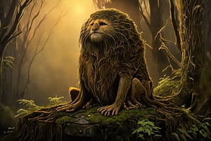 A mystical forest at dusk, warm golden light filtering through the canopy as a majestic Nutria, its fur shimmering with an ethereal glow, stands regally upon a moss-covered stone pedestal. The air is thick with misty legend as the creature's piercing gaze seems to hold the secrets of the ancient woods.