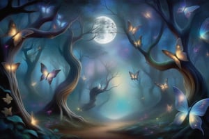 A dark forest (Bosque oscuro) under a full moon (Luna llena). Sinister butterflies (Mariposas siniestras) flutter around the base of ancient trees, their iridescent wings glowing in the lunar light. Mischievous elves (Duendes) lurk just out of sight, their playful whispers carried away on the wind as they dance among the shadows.