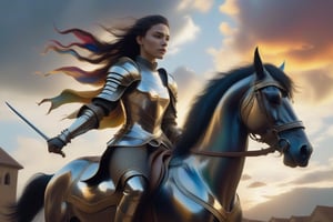 In a majestic, high-concept scene, a medieval herald woman in dark armor rides a horse against a dramatic, triadic-colored sky. Her dark hair flows wildly, punctuated by punk-inspired spikes, as her gaze meets the camera's. The frame is divided into perfect golden ratio proportions, with the subject positioned at the apex. Soft natural lighting casts subtle shadows, while volumetric lighting adds depth and dimensionality. Every detail, from the intricate armor plating to the woman's smooth skin, is rendered in hyper-realistic 8K detail, as if painted by Caravaggio or Greg Rutkowski. The overall effect is a masterpiece of cinematic concept art, perfect for trending on ArtStation and CGSociety.