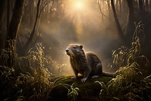 A majestic Nutria emerges from a misty forest glade, illuminated by a soft, ethereal glow. The camera frames her regal visage, with eyes aglow like lanterns in the dark. Her fur shines like polished obsidian, and a wispy aura surrounds her as she stands tall, one paw raised in defiance against the forces of darkness.