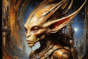 art by Masamune Shirow, art by J.C. Leyendecker, art by simon bisley, art by ralph steadman, a masterpiece, stunning beauty, hyper-realistic oil painting, star wars alien creatures, a portrait picture, incredible detail, fantasy portrait, smooth skin,  kaleidoscope graffiti background,