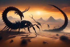 Deadly and epic war between two sinister creatures shaped like giant scorpions fighting in an arid and desolate desert
