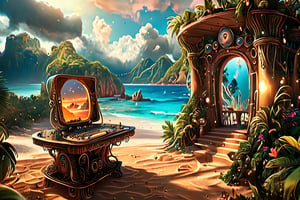 MAGICAL cute STORYBOOK tropical bay , shabby STYLE lovely terrace on the beach, view on the tropical bay , summer  Modifiers: highly detailed dof trending on cgsociety steampunk fantastic view ultra detailed 4K 3D whimsical Storybook beautifully lit etheral highly intricate stunning color depth disorderly outstanding cute illustration cuteaesthetic Boris Vallejo style shadow play The mood is Mysterious and Spellbinding, with a sense of otherworldliness  otherwordliness macro photography style LEONARDO DIFFUSION XL STYLE vintage-futuristic