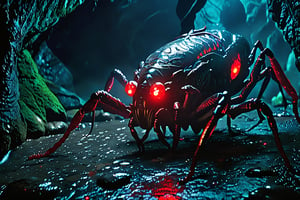 A dimly lit cave entrance frames a surreal scene: mutant arthropods with vibrant red eyes glowing like embers in the darkness. The eerie luminescence casts an otherworldly glow on their twisted, armored bodies as they scuttle across the damp stone floor.,Movie Poster