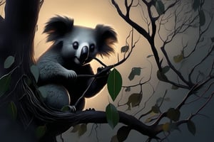 Epic photo of a creepy koala eating eucalyptus leaf in the trees on a gloomy, foggy dinner