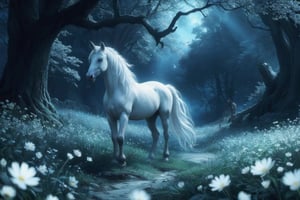 Masterpiece, professional, award-winning, intricate details, ultra high detailed, 64k, dramatic light, volumetric light, Enchanting, moonlit glade with a gentle unicorn and shimmering will-o'-the-wisps, realistic, magical, mystical creatures, idyllic, serene, ethereal, (mythical presence:1.4), wildflowers, moonbeams, ancient trees, soft glow, harmonious realm, tranquil beauty, 8k,ek_art_b00ster,anime,illustrated,