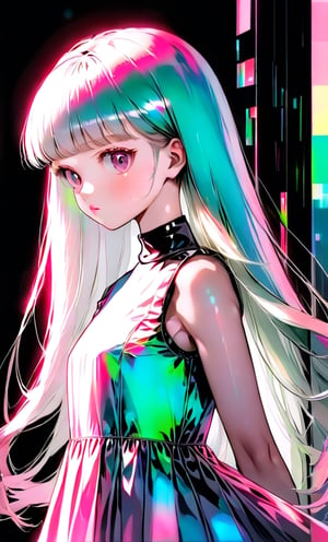 (masterpiece),(best quality), 

1girl, solo, long hair, looking at viewer, simple background, upper body, white hair, blunt bangs, lips, black background,  white hair, pink hair, white  dress, pink dress,  white dress,

dress hologram, bioluminescent liquid,Anime 